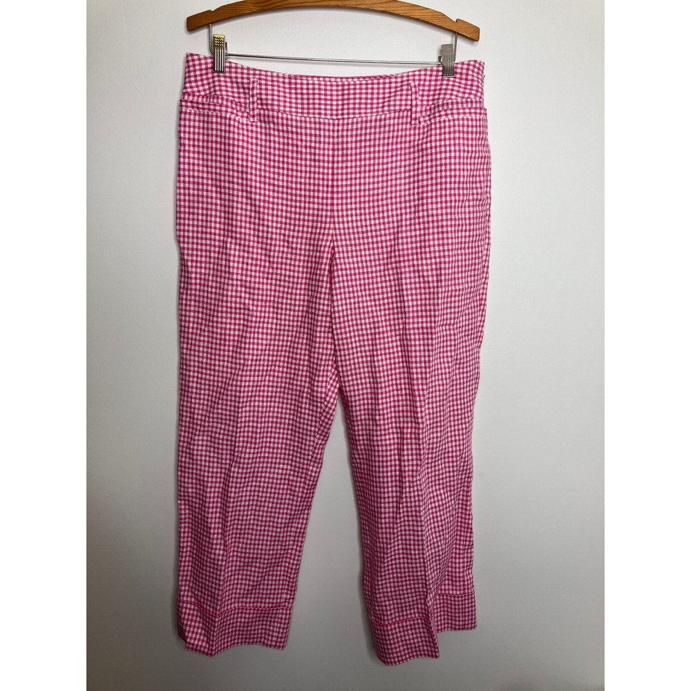 Ann Taylor Loft Gingham Pants Women 12 Pink Excellent Linen Cropped Cuffed